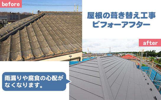 屋根の葺き替え工事 雨漏りや腐食の心配がなくなります。